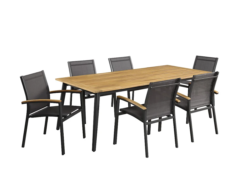 Salle à manger de jardin  en aluminium et acacia: une table L210cm et 6 fauteuils empilables avec accoudoirs acacia - CANCUN