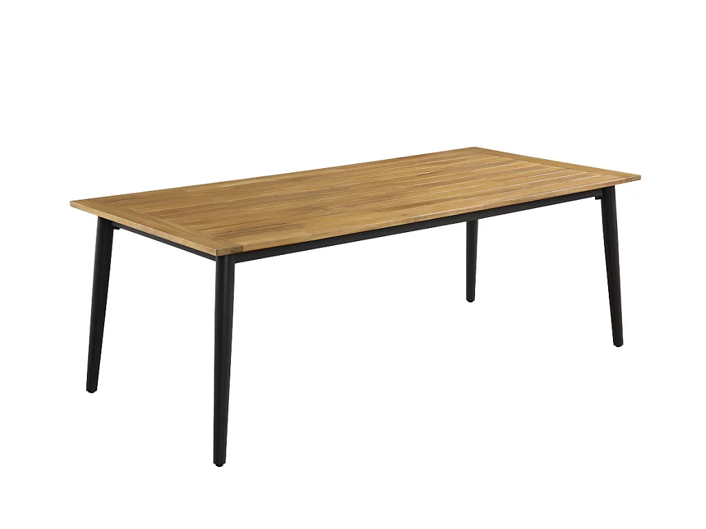 Salle à manger de jardin  en aluminium et acacia: une table L210cm et 6 fauteuils empilables avec accoudoirs acacia - CANCUN