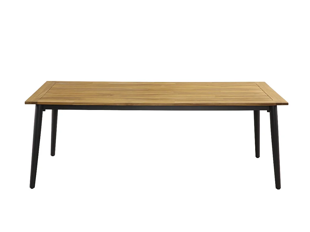 Salle à manger de jardin  en aluminium et acacia: une table L210cm et 6 fauteuils empilables avec accoudoirs acacia - CANCUN