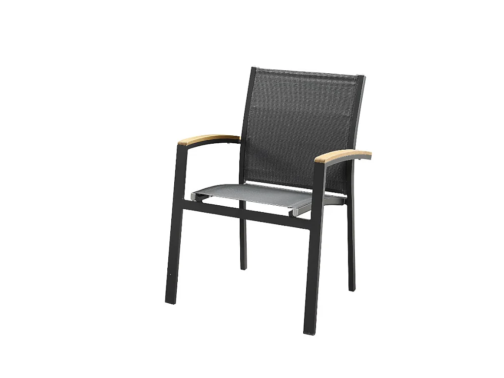 Salle à manger de jardin  en aluminium et acacia: une table L210cm et 6 fauteuils empilables avec accoudoirs acacia - CANCUN