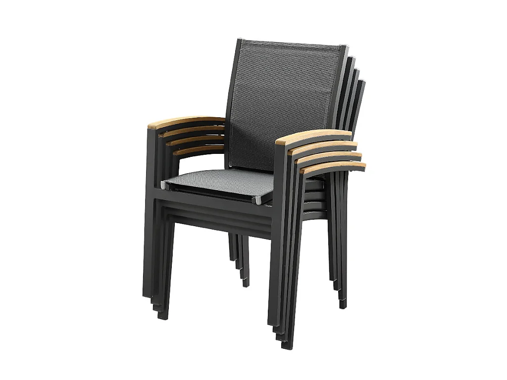 Salle à manger de jardin  en aluminium et acacia: une table L210cm et 6 fauteuils empilables avec accoudoirs acacia - CANCUN
