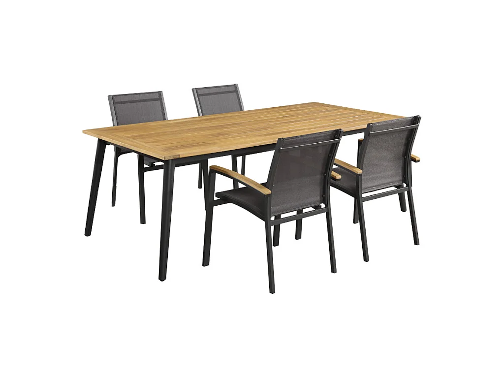 Salle à manger de jardin  en aluminium et acacia: une table L210cm et 6 fauteuils empilables avec accoudoirs acacia - CANCUN