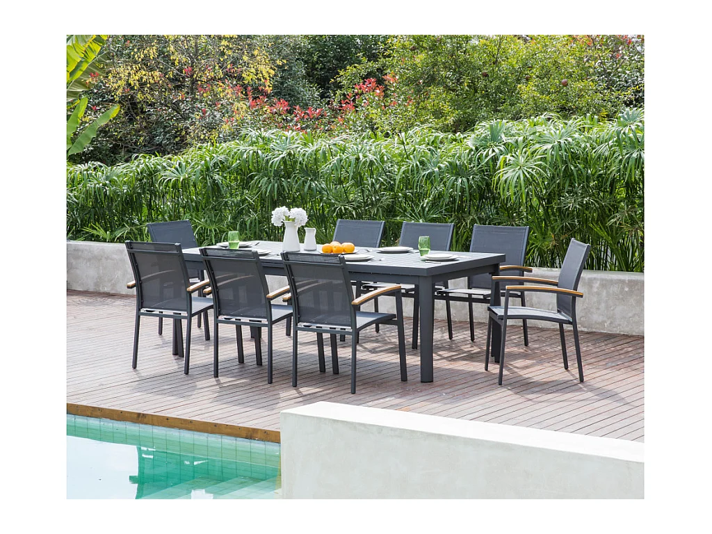 Salle à manger de jardin extensible  en aluminium: une table extensible L220/300cm et 8 fauteuils empilables - NAURU