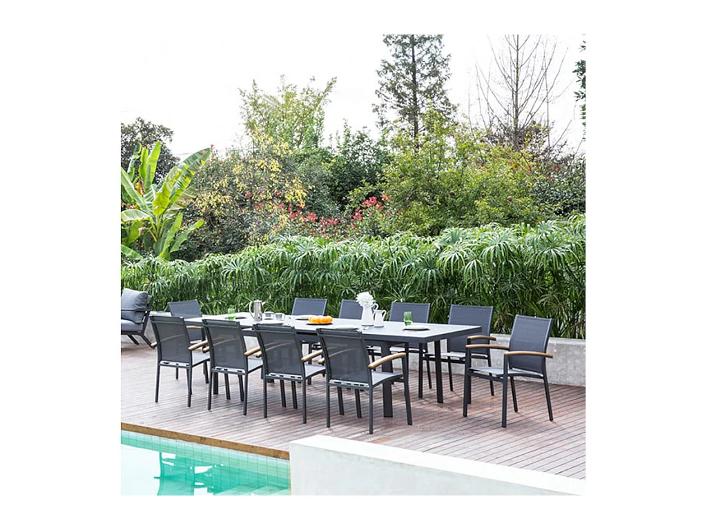 Salle à manger de jardin extensible en aluminium: une table extensible L220/300cm et 10 fauteuils empilables - NAURU