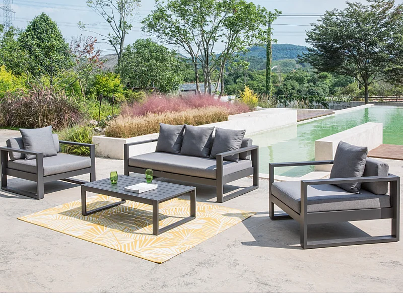 Salon de jardin en aluminium: un canapé 3 places, 2 fauteuils, une table basse - Anthracite - MOLOKAI de MYLIA