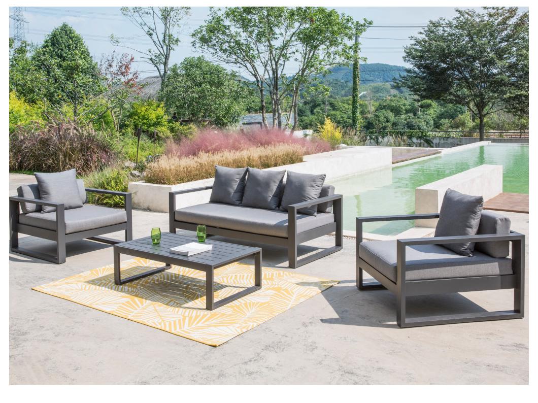Salon de jardin en aluminium: un canapé 3 places, 2 fauteuils, une table basse - Anthracite - MOLOKAI de MYLIA