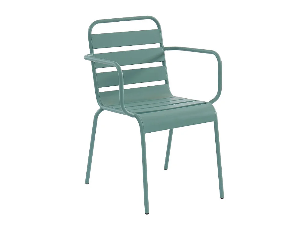 Salle à manger de jardin en métal - une table L.160 cm avec 2 fauteuils empilables et 4 chaises empilables - Vert amande - MIRMANDE de MYLIA