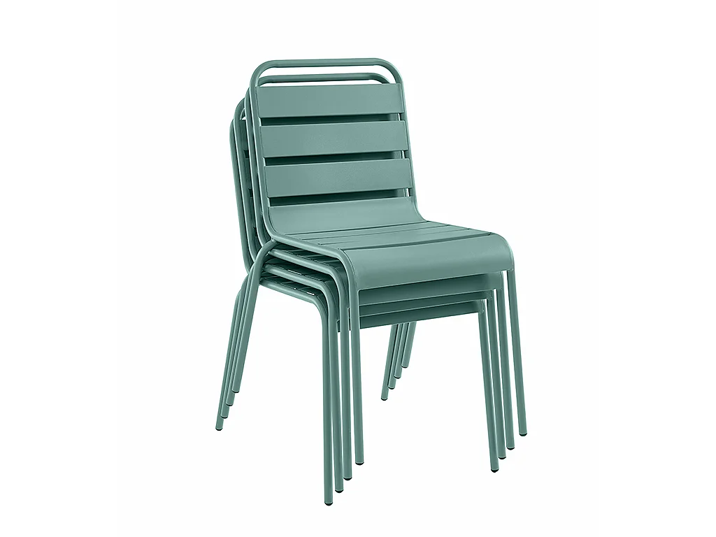 Salle à manger de jardin en métal - une table L.160 cm avec 2 fauteuils empilables et 4 chaises empilables - Vert amande - MIRMANDE de MYLIA