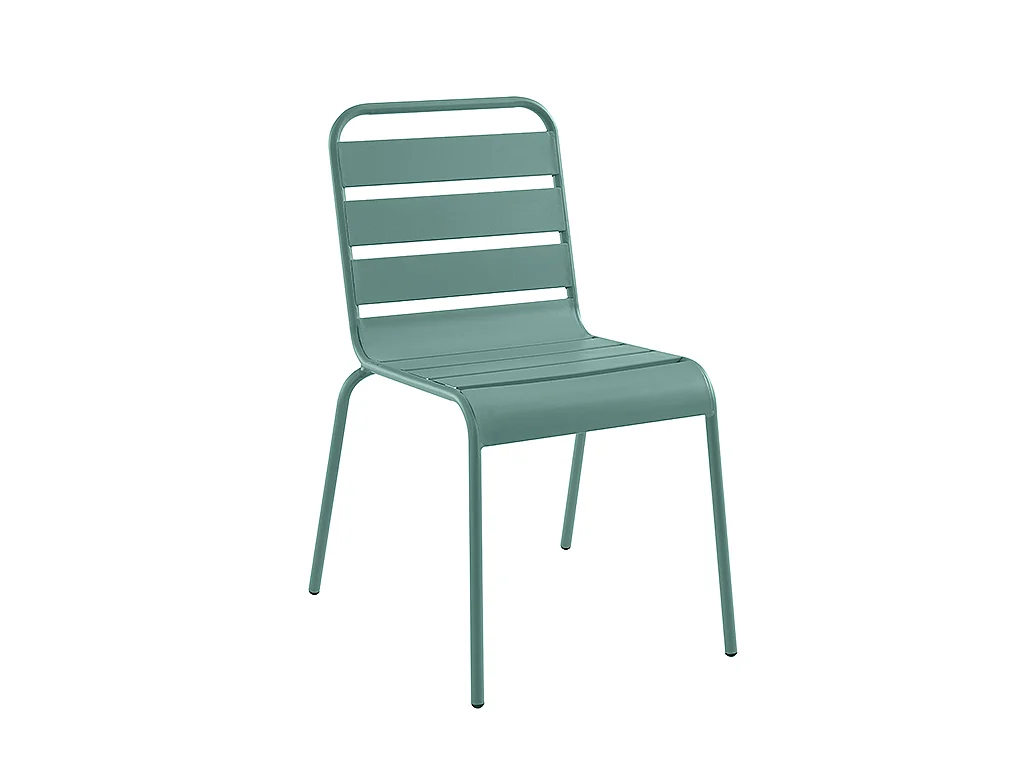 Salle à manger de jardin en métal - une table L.160 cm avec 2 fauteuils empilables et 4 chaises empilables - Vert amande - MIRMANDE de MYLIA