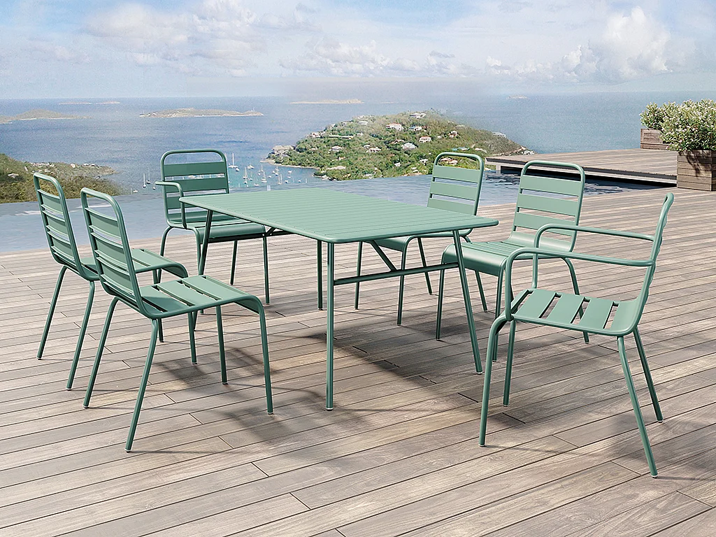 Salle à manger de jardin en métal - une table L.160 cm avec 2 fauteuils empilables et 4 chaises empilables - Vert amande - MIRMANDE de MYLIA