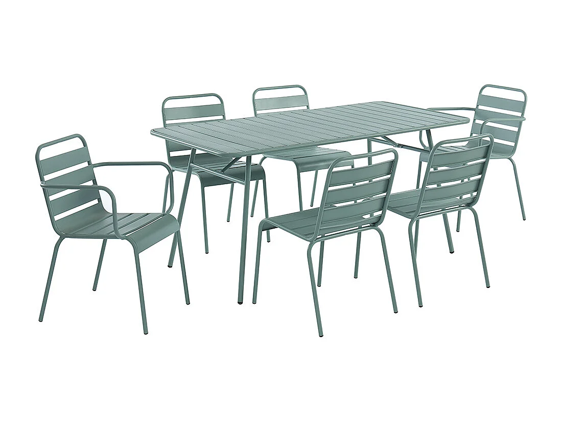 Salle à manger de jardin en métal - une table L.160 cm avec 2 fauteuils empilables et 4 chaises empilables - Vert amande - MIRMANDE de MYLIA