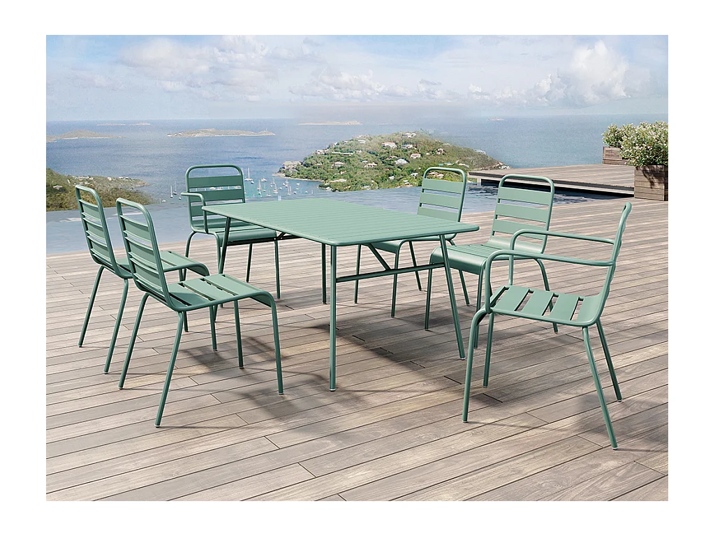 Conjunto de jardim, mesa e cadeiras de jardim em metal: uma mesa C.160 cm com 2 cadeirões empilháveis e 4 cadeiras empilháveis cor verde amêndoa - MIRMANDE