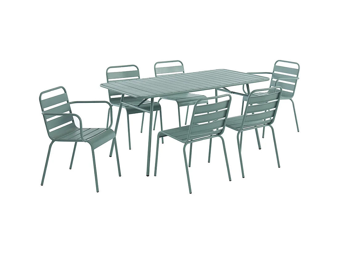 Salle à manger de jardin en métal - une table L.160 cm avec 2 fauteuils empilables et 4 chaises empilables - Vert amande - MIRMANDE de MYLIA