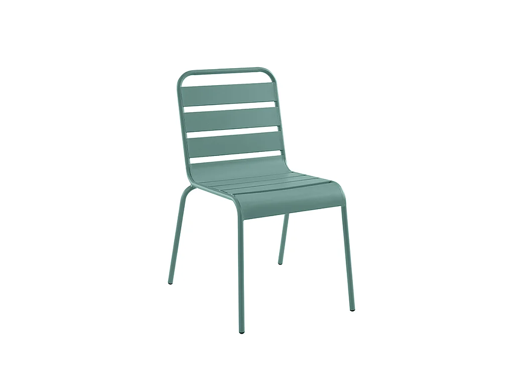 Salle à manger de jardin en métal - une table L.160 cm avec 2 fauteuils empilables et 4 chaises empilables - Vert amande - MIRMANDE de MYLIA