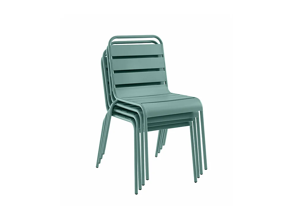 Salle à manger de jardin en métal - une table L.160 cm avec 2 fauteuils empilables et 4 chaises empilables - Vert amande - MIRMANDE de MYLIA