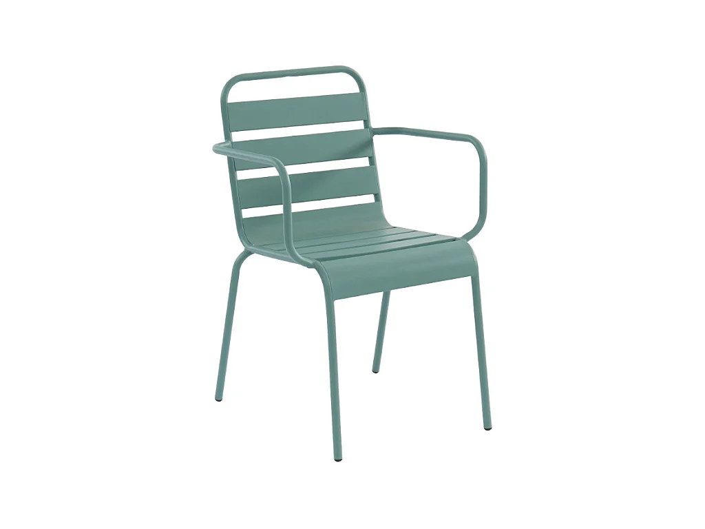 Salle à manger de jardin en métal - une table L.160 cm avec 2 fauteuils empilables et 4 chaises empilables - Vert amande - MIRMANDE de MYLIA