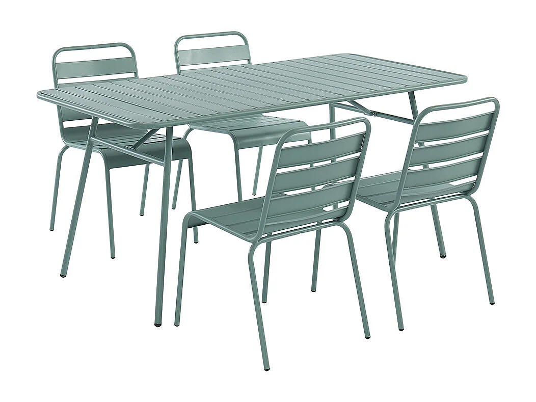 Salle à manger de jardin en métal - une table L.160 cm et 4 chaises empilables - Vert amande - MIRMANDE de MYLIA