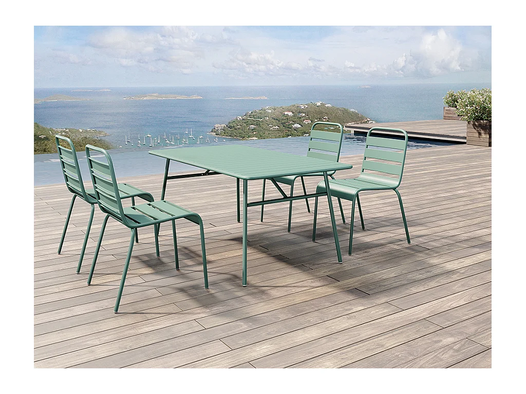Tuineetset MIRMANDE van metaal: tafel L160 cm met 4 opstapelbare stoelen - Amandelgroen