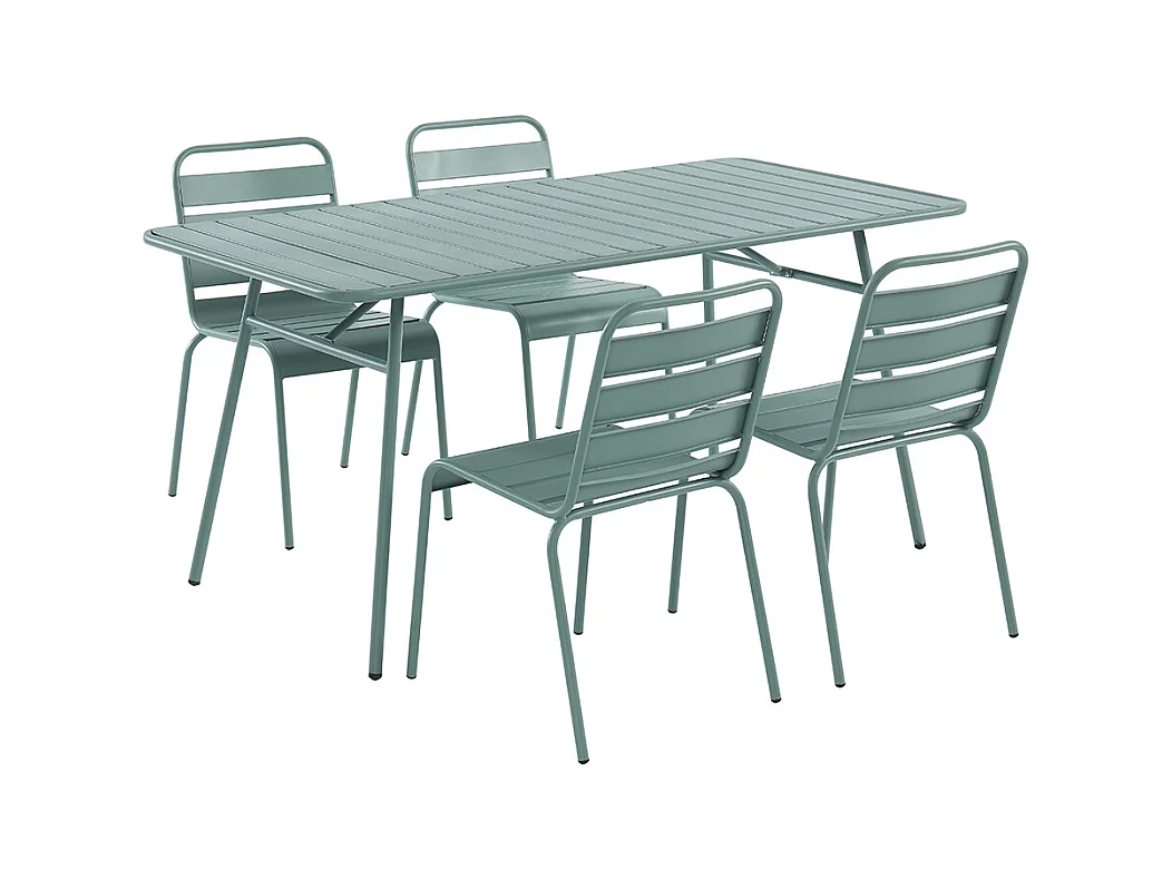 Conjunto de jardim, mesa e cadeiras de jardim em metal: uma mesa C.160 cm e 4 cadeiras empilháveis cor verde amêndoa - MIRMANDE