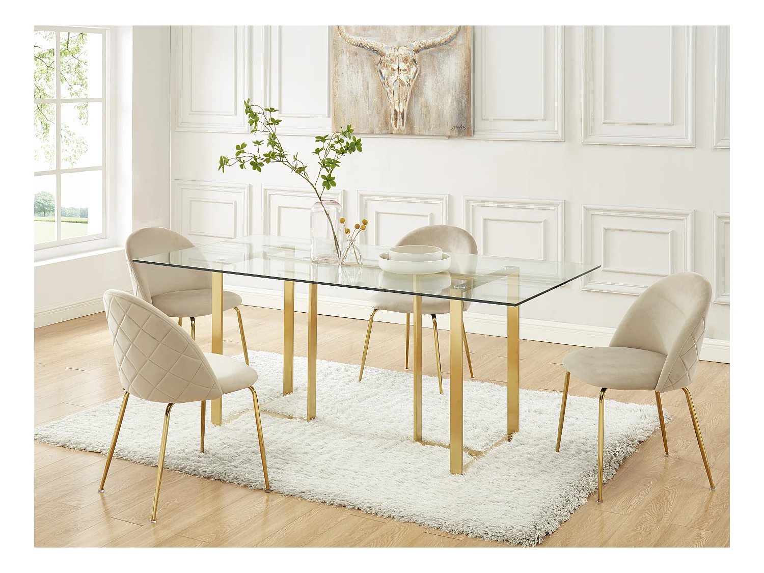 Lot de 6 chaises - Velours et acier inoxydable doré - Beige - MELBOURNE