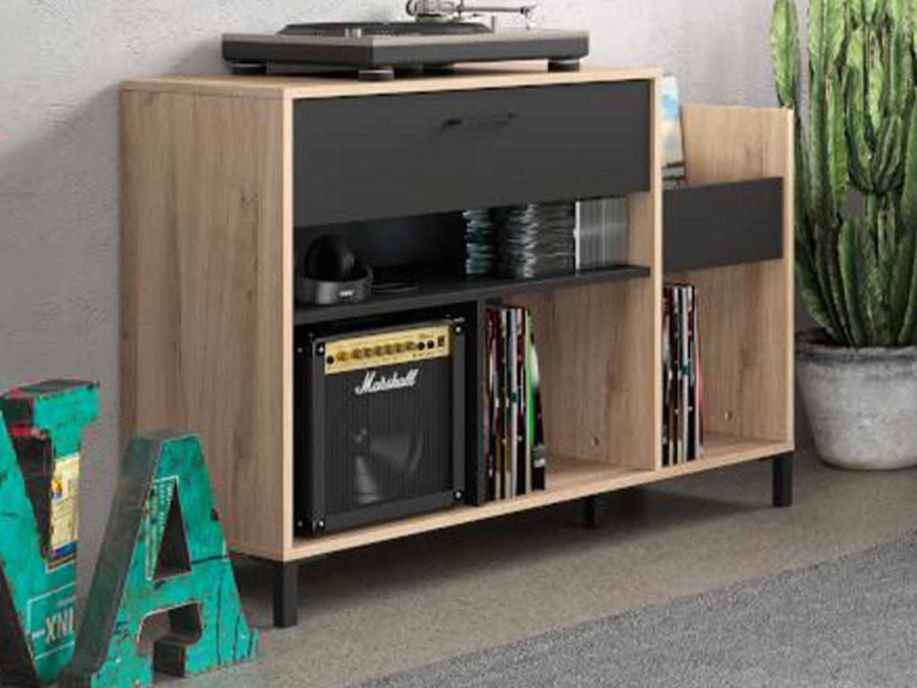 Meuble vinyles JAZZY - Avec rangements - Coloris : chêne et noir