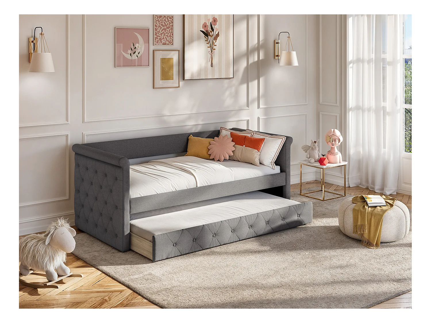 Sofá cama nido LOUISE - 2x90x190 cm - Tela gris + colchón