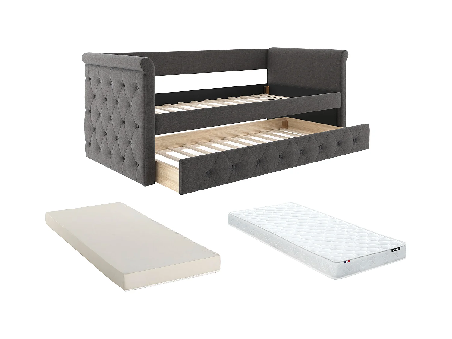 Sofá cama nido LOUISE - 2x90x190 cm - Tela gris + colchón