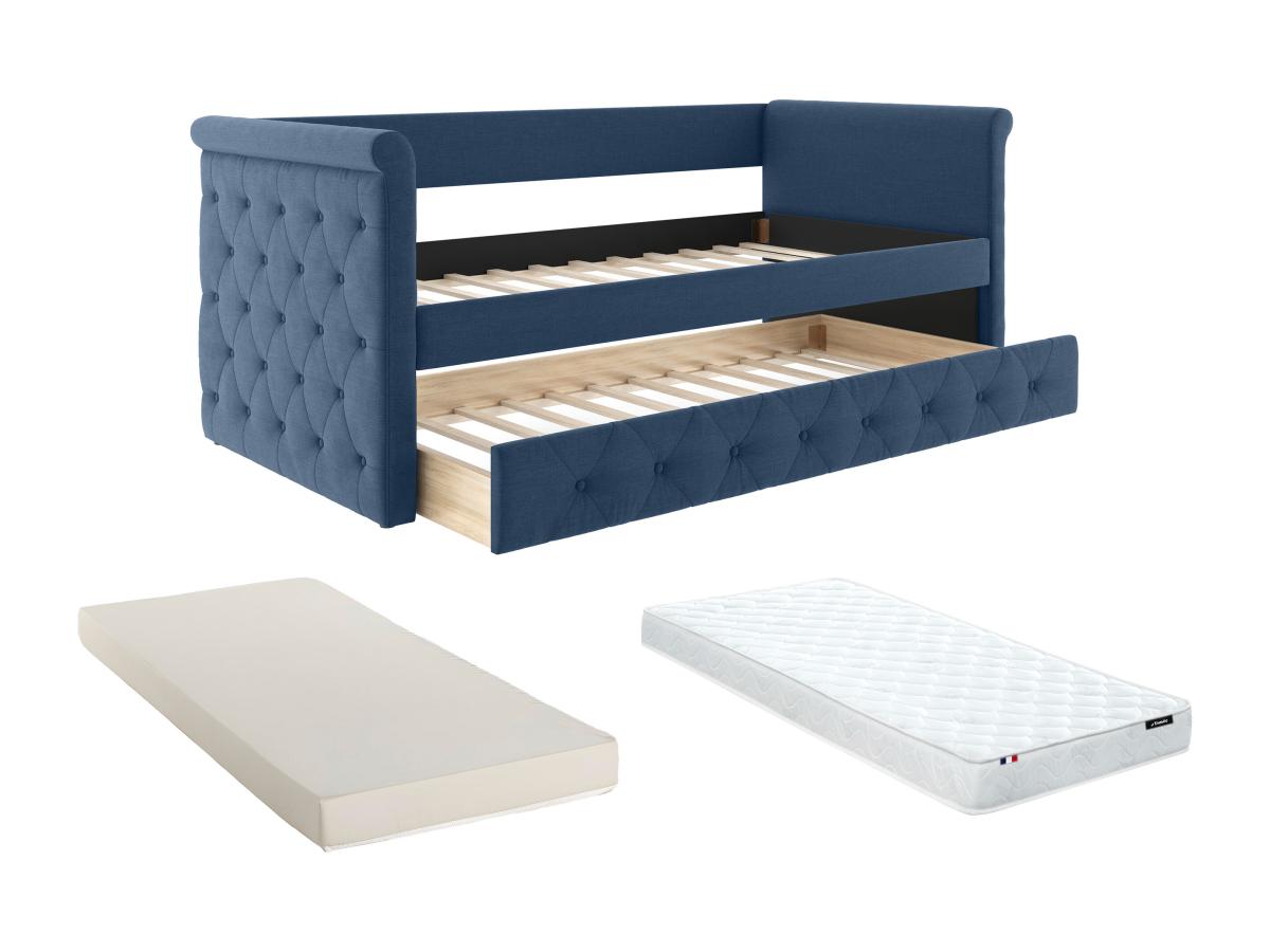 Ausziehbett + Matratze - 2 x 90 x 190 cm - Stoff - Blau - LOUISE günstig online kaufen