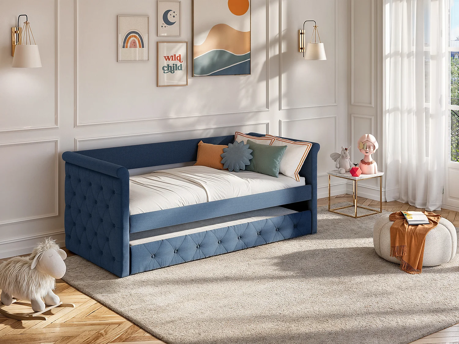 Lit banquette gigogne LOUISE - 2x90x190cm - Tissu bleu +  matelas