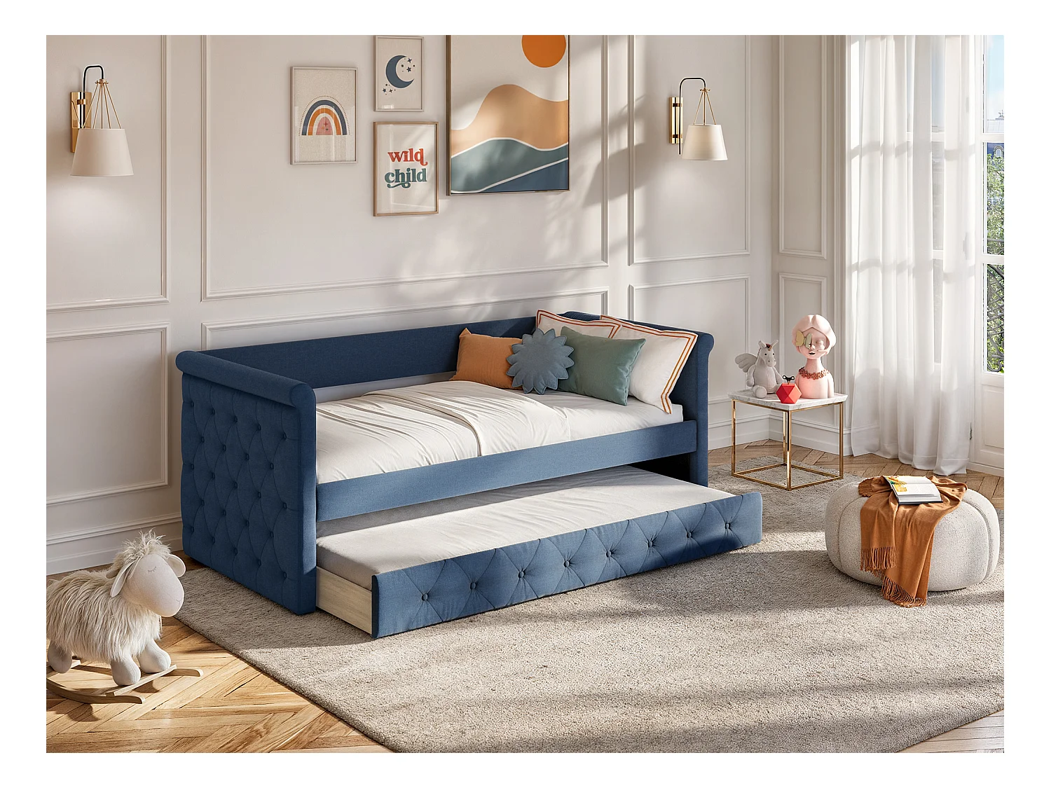 Bed met slaaplade LOUISE - 2 x 90 x 190 cm - Blauwe stof + matras