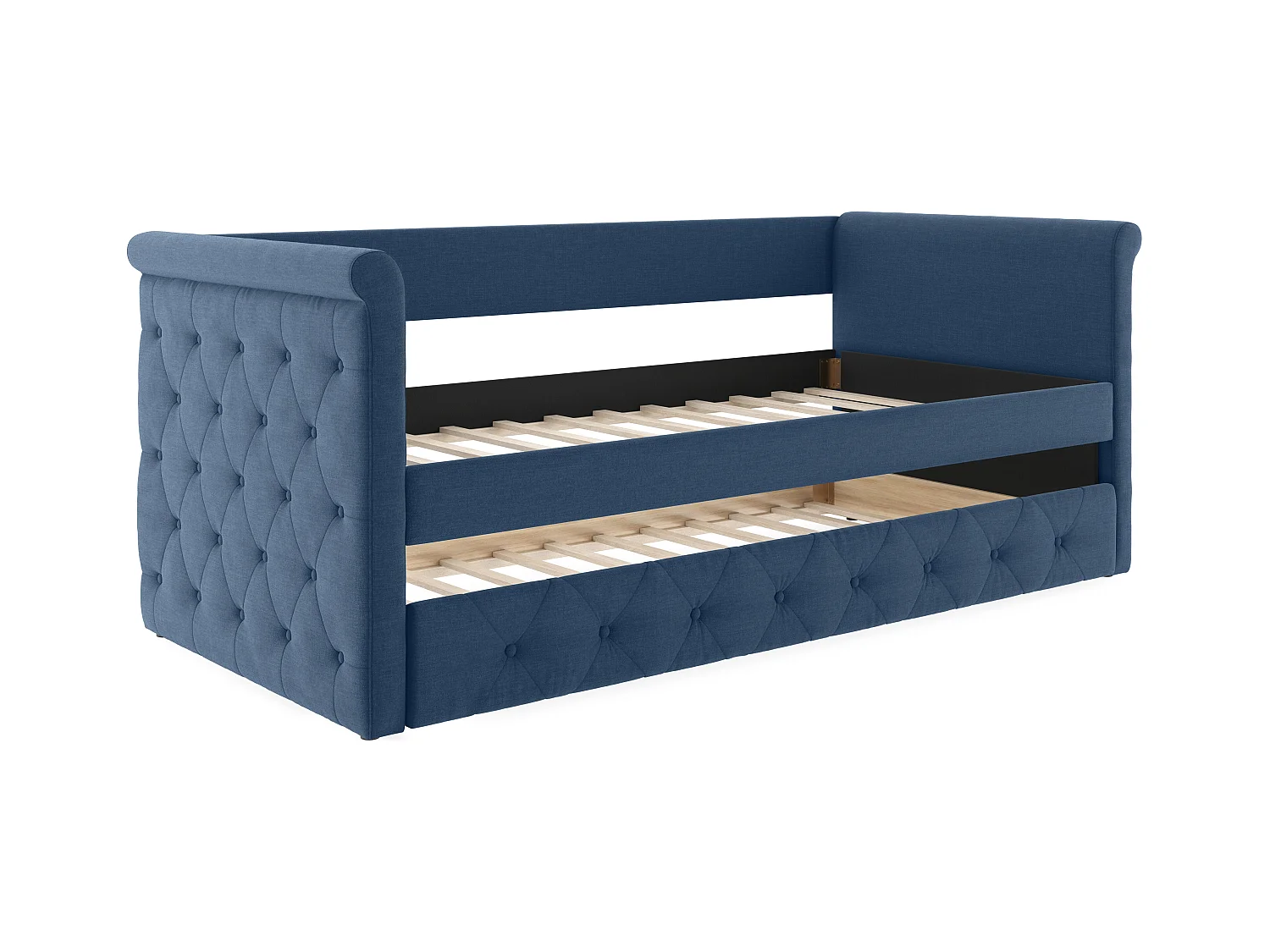 Bed met slaaplade LOUISE - 2 x 90 x 190 cm - Blauwe stof + matras
