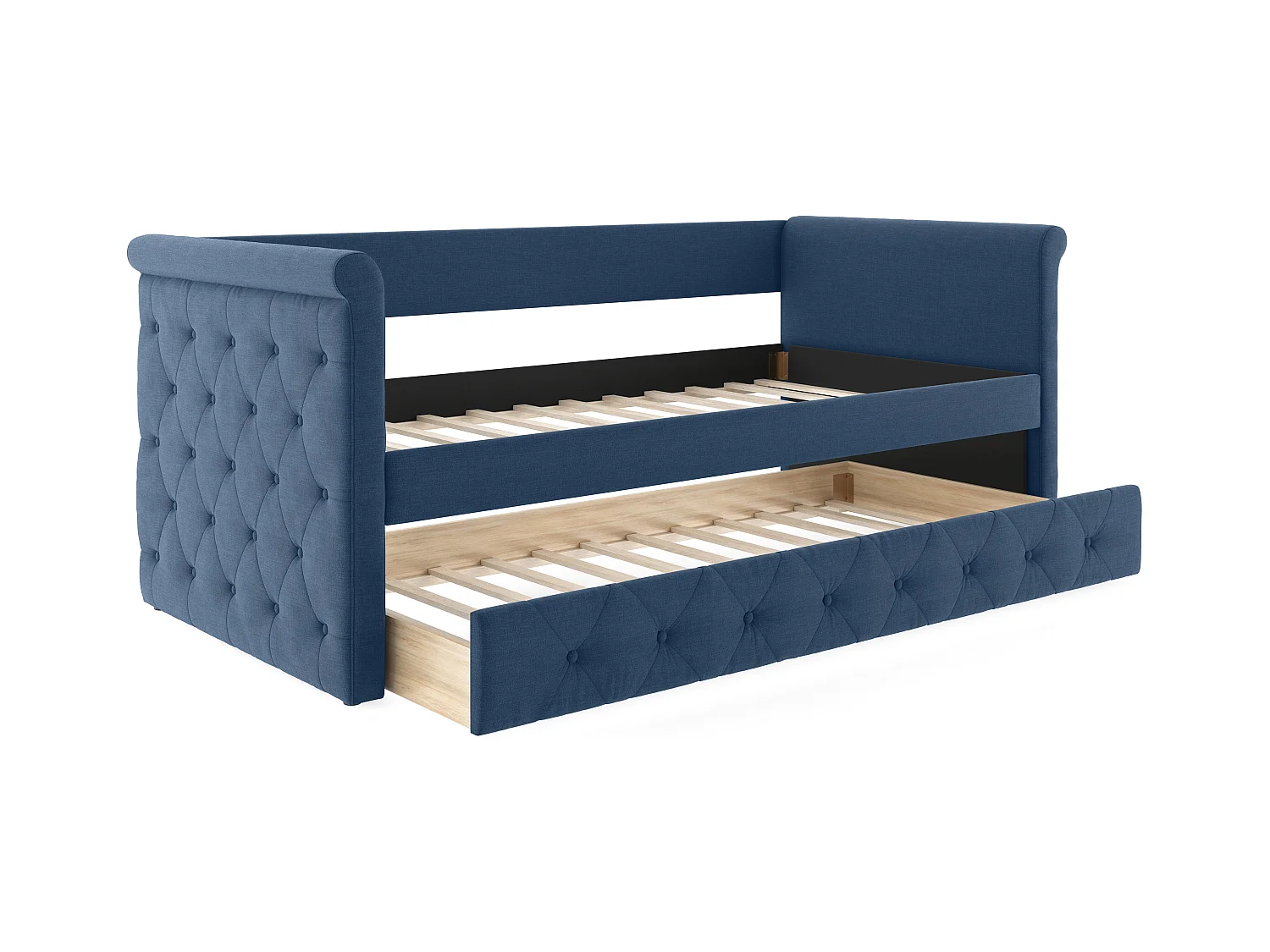 Bed met slaaplade LOUISE - 2 x 90 x 190 cm - Blauwe stof + matras