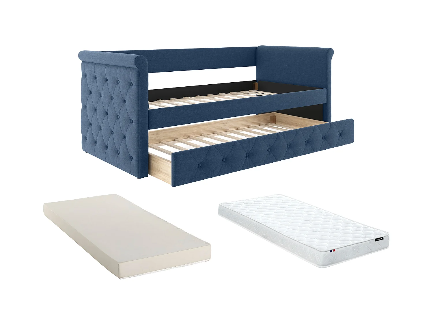 Bed met slaaplade LOUISE - 2 x 90 x 190 cm - Blauwe stof + matras