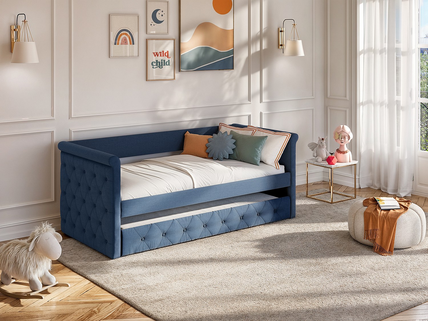 Ausziehbett + Matratze - 2 x 90 x 190 cm - Stoff - Blau - LOUISE günstig online kaufen