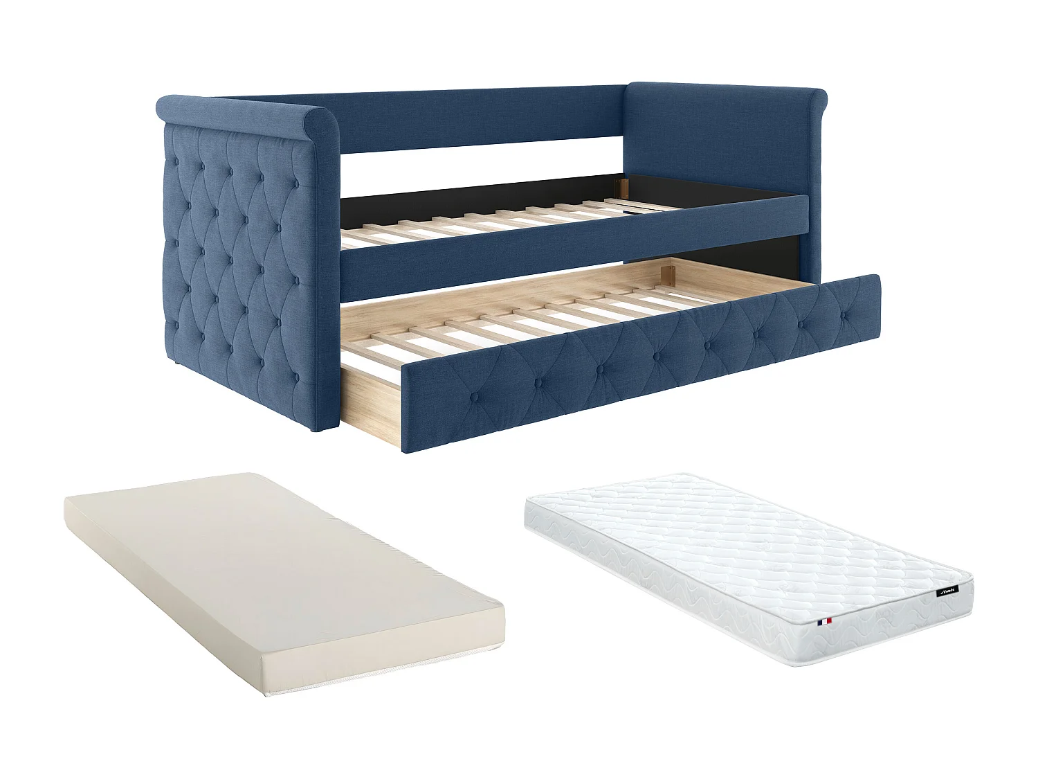 Lit banquette gigogne LOUISE - 2x90x190cm - Tissu bleu +  matelas