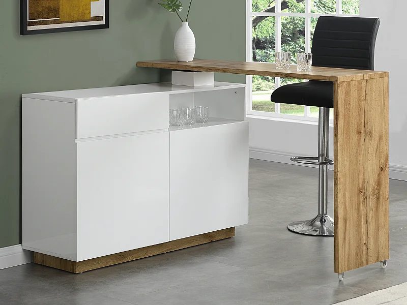 Meuble de bar pivotant avec 2 portes, 1 tiroir et 1 niche en MDF - Blanc laqué et Naturel - ELDIR
