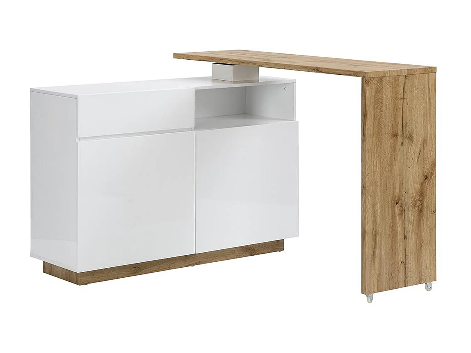 Barmöbel drehbar mit 2 Türen, 1 Schublade & 1 Ablage - MDF - Weiß lackiert & Naturfarben - ELDIR