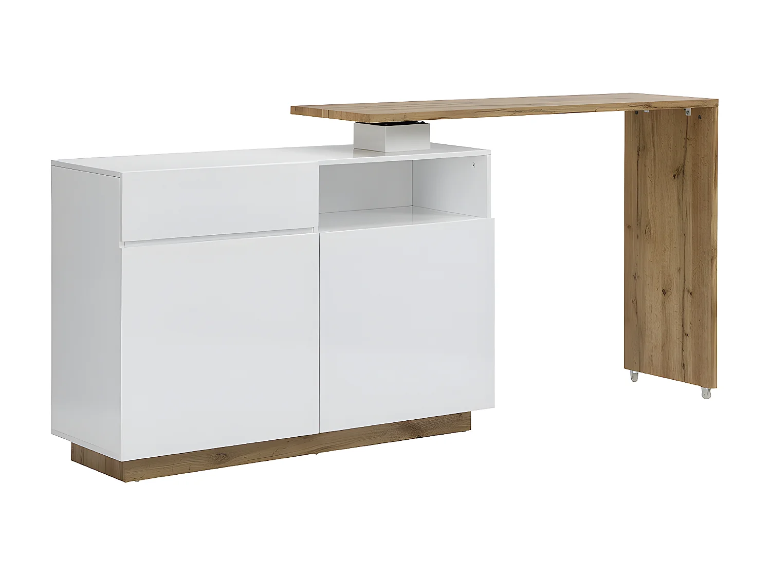 Barmöbel drehbar mit 2 Türen, 1 Schublade & 1 Ablage - MDF - Weiß lackiert & Naturfarben - ELDIR