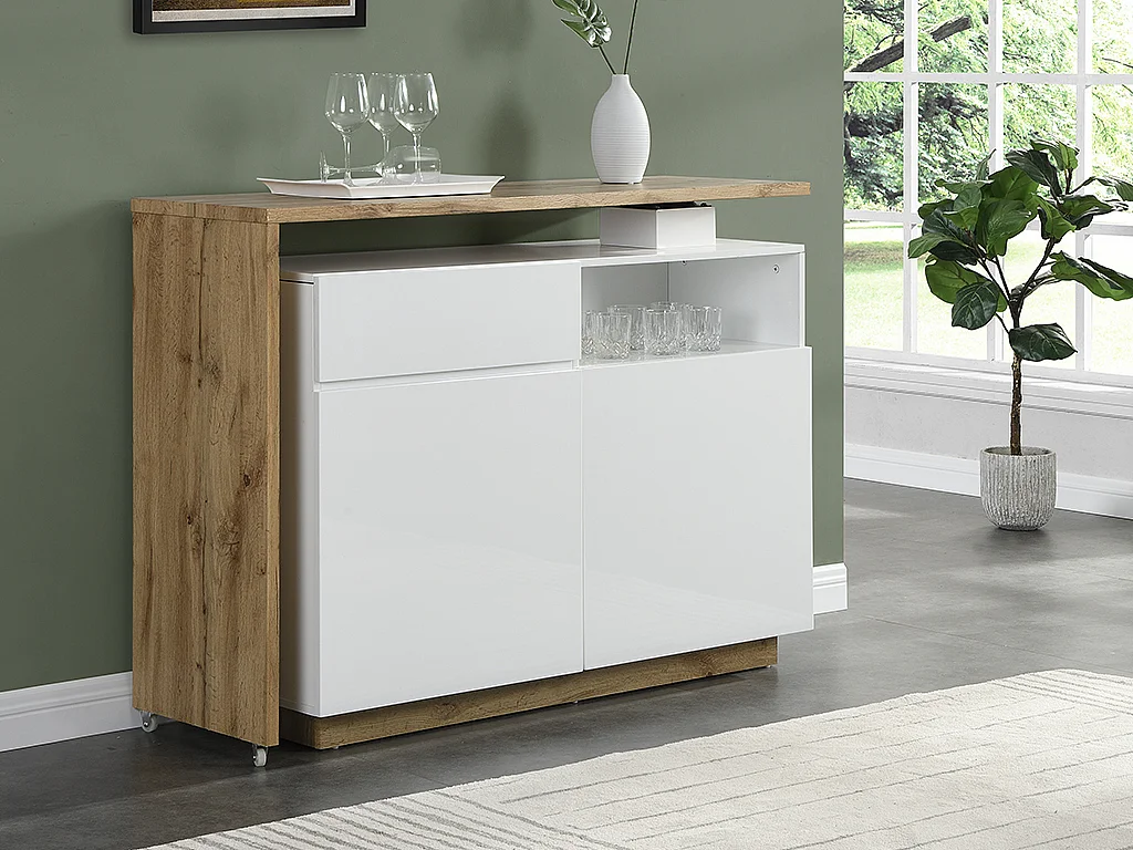 Meuble de bar pivotant avec 2 portes, 1 tiroir et 1 niche en MDF - Blanc laqué et Naturel - ELDIR