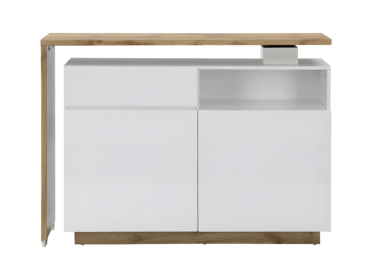 Meuble de bar pivotant avec 2 portes, 1 tiroir et 1 niche en MDF - Blanc laqué et Naturel - ELDIR