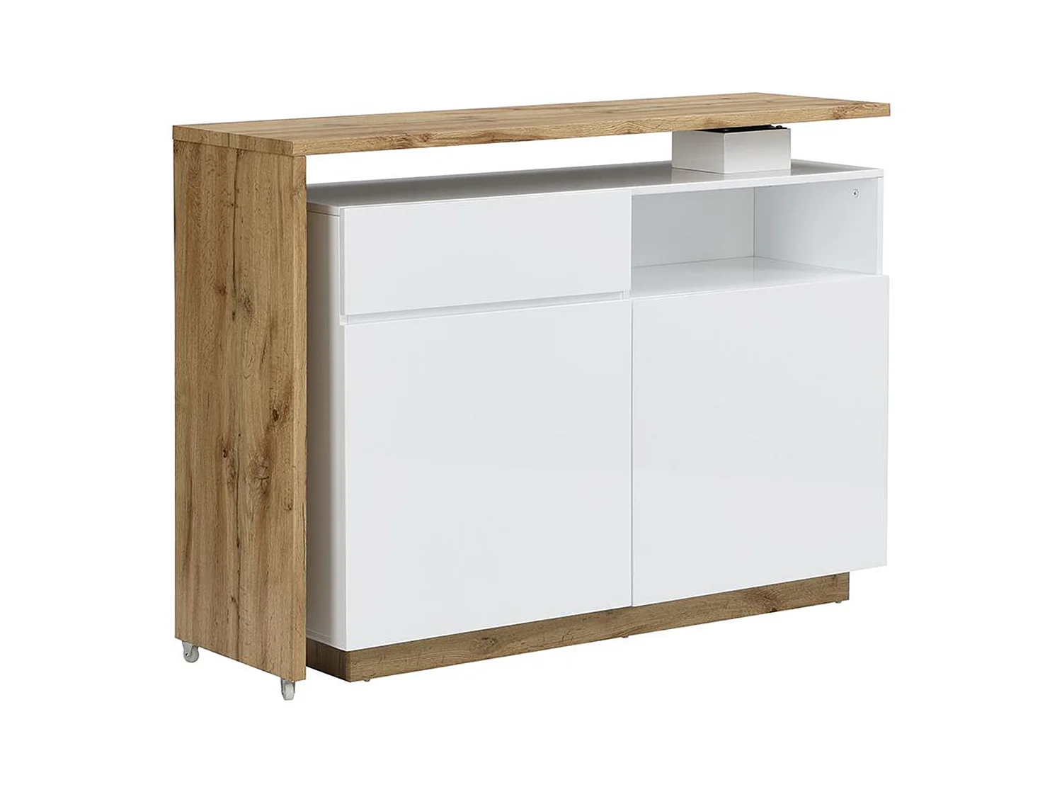 Meuble de bar pivotant avec 2 portes, 1 tiroir et 1 niche en MDF - Blanc laqué et Naturel - ELDIR