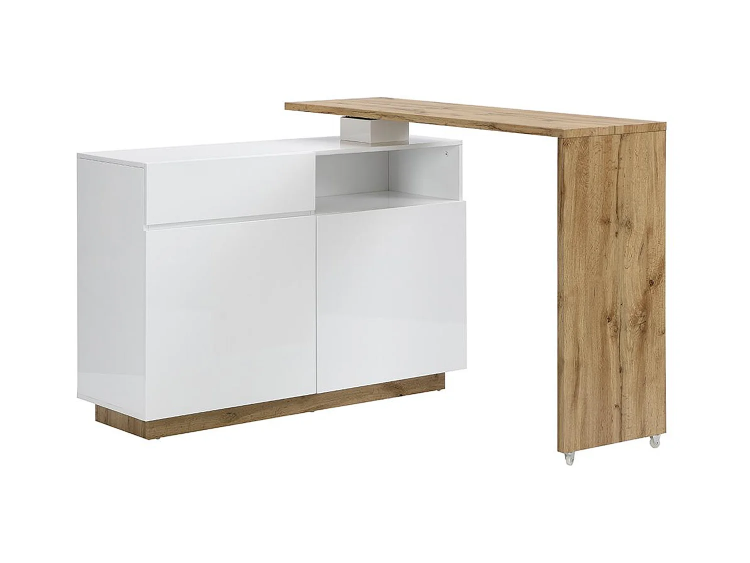 Meuble de bar pivotant avec 2 portes, 1 tiroir et 1 niche en MDF - Blanc laqué et Naturel - ELDIR