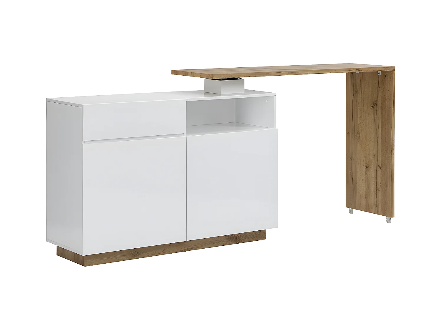 Meuble de bar pivotant avec 2 portes, 1 tiroir et 1 niche en MDF - Blanc laqué et Naturel - ELDIR