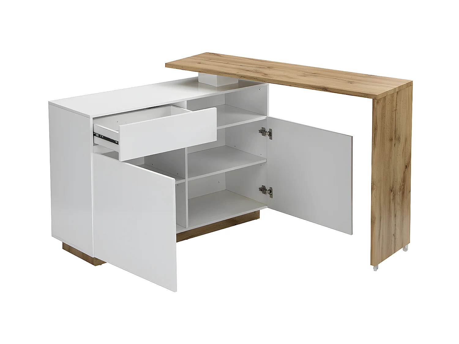 Meuble de bar pivotant avec 2 portes, 1 tiroir et 1 niche en MDF - Blanc laqué et Naturel - ELDIR