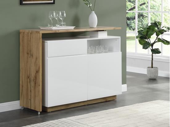 vente unique Meuble de bar pivotant avec 2 portes 1 tiroir et 1 niche en MDF - Blanc laqué et Naturel - ELDIR