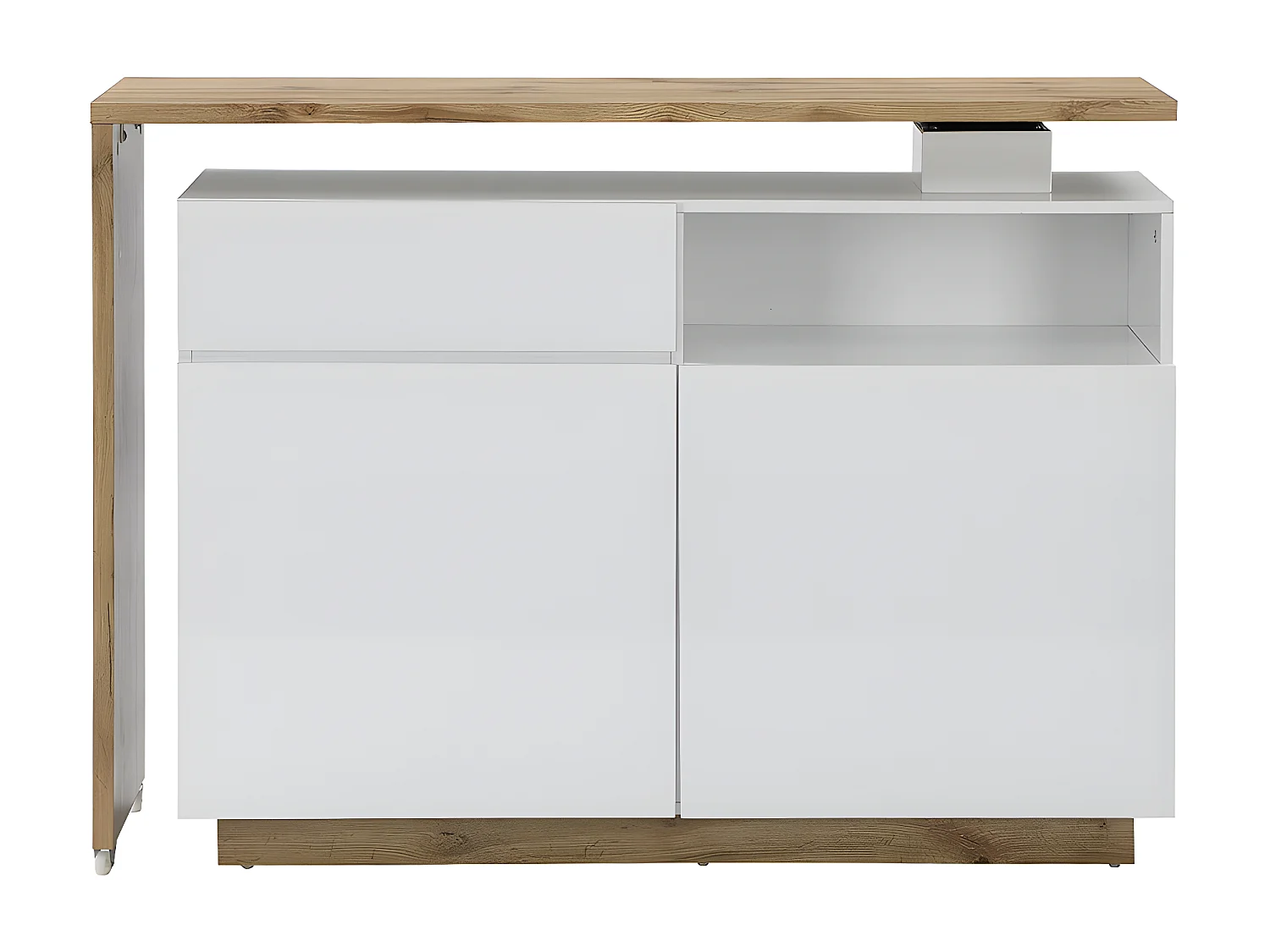 Barmöbel drehbar mit 2 Türen, 1 Schublade & 1 Ablage - MDF - Weiß lackiert & Naturfarben - ELDIR