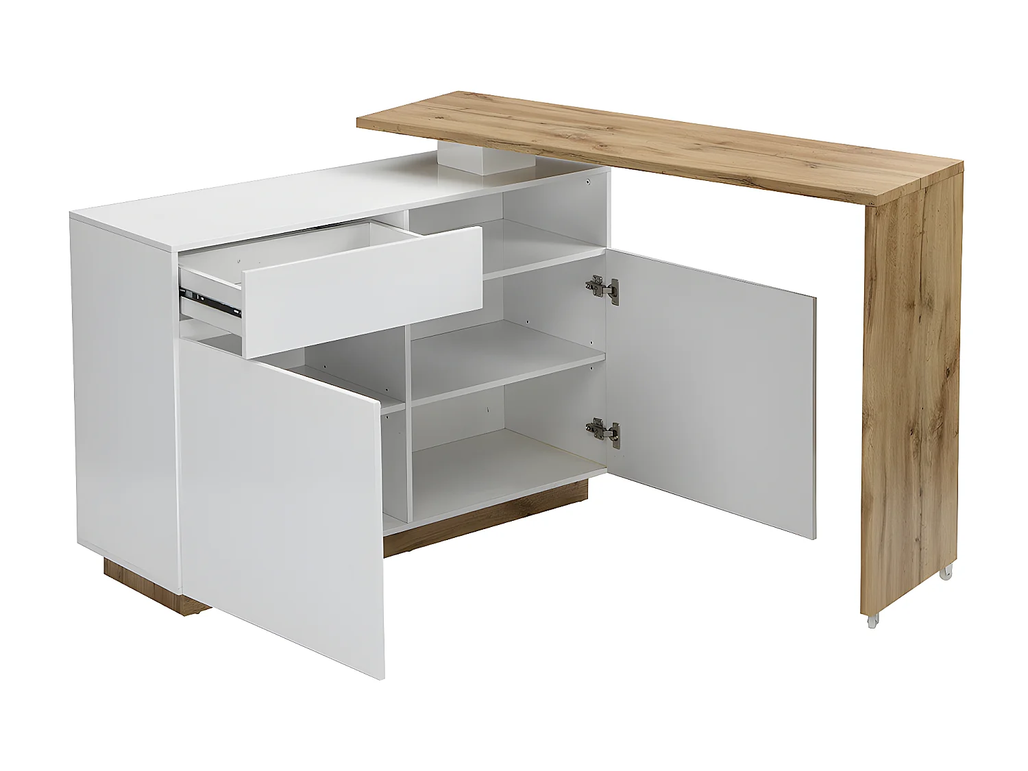 Barmöbel drehbar mit 2 Türen, 1 Schublade & 1 Ablage - MDF - Weiß lackiert & Naturfarben - ELDIR