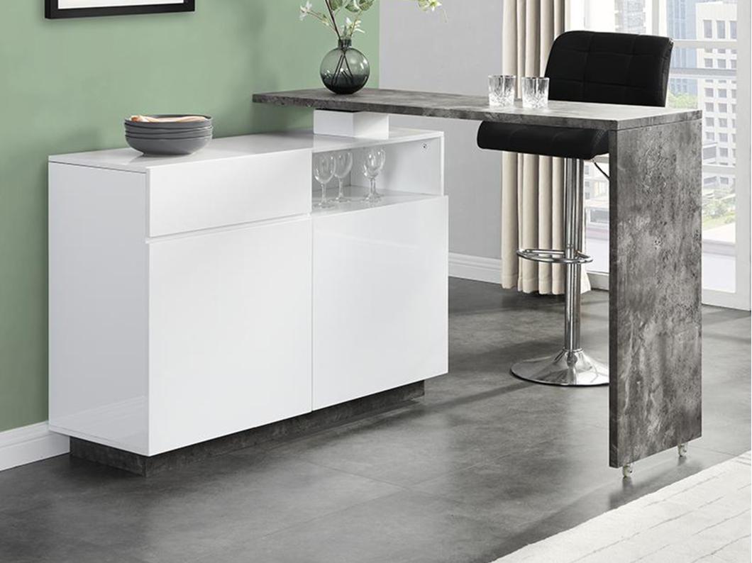 Barmöbel drehbar mit 2 Türen, 1 Schublade & 1 Ablage - MDF - Weiß lackiert & Beton - ELDIR