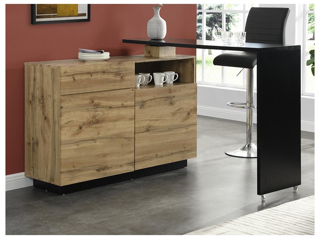 Meuble de bar pivotant avec 2 portes, 1 tiroir et 1 niche en MDF - Naturel et Noir - ELDIR