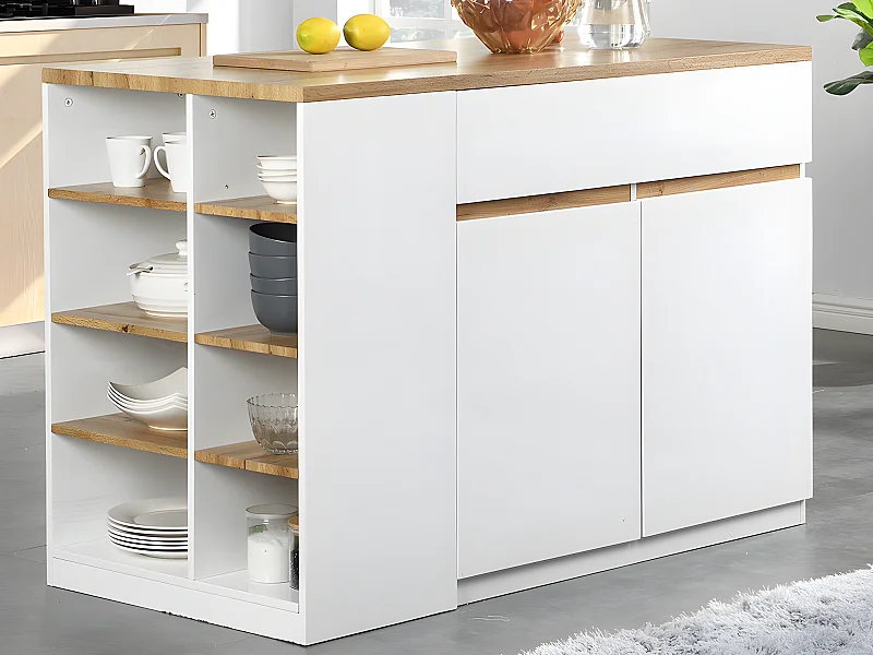 Ilot central de cuisine avec rangements - Blanc et Naturel - MEILI